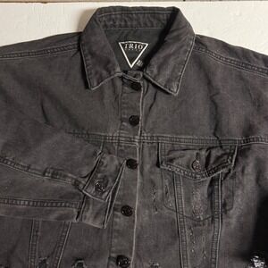 TRIO Urban Black Cropped Denim Jacket Distressed Blessed Graphic‎ M/L